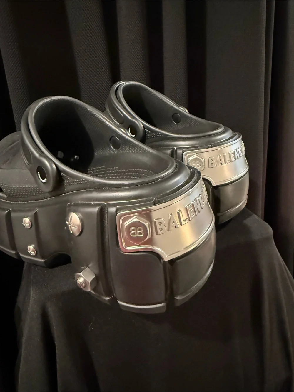 Balenciaga Black Platform Slip-On Clogs with Metallic Accents